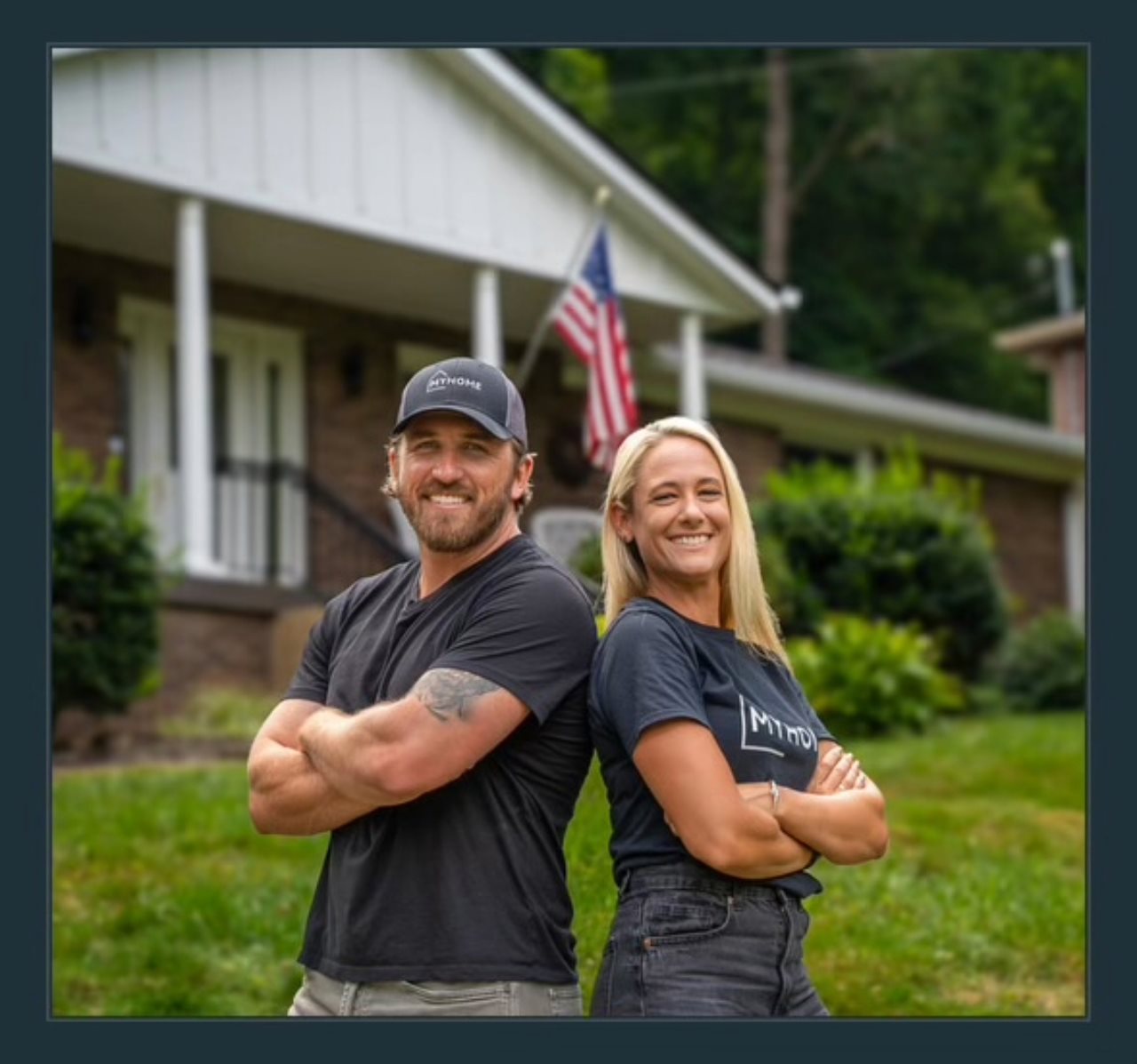 Smiling Gabe and Lindsey Chrismon standing in front of a house.