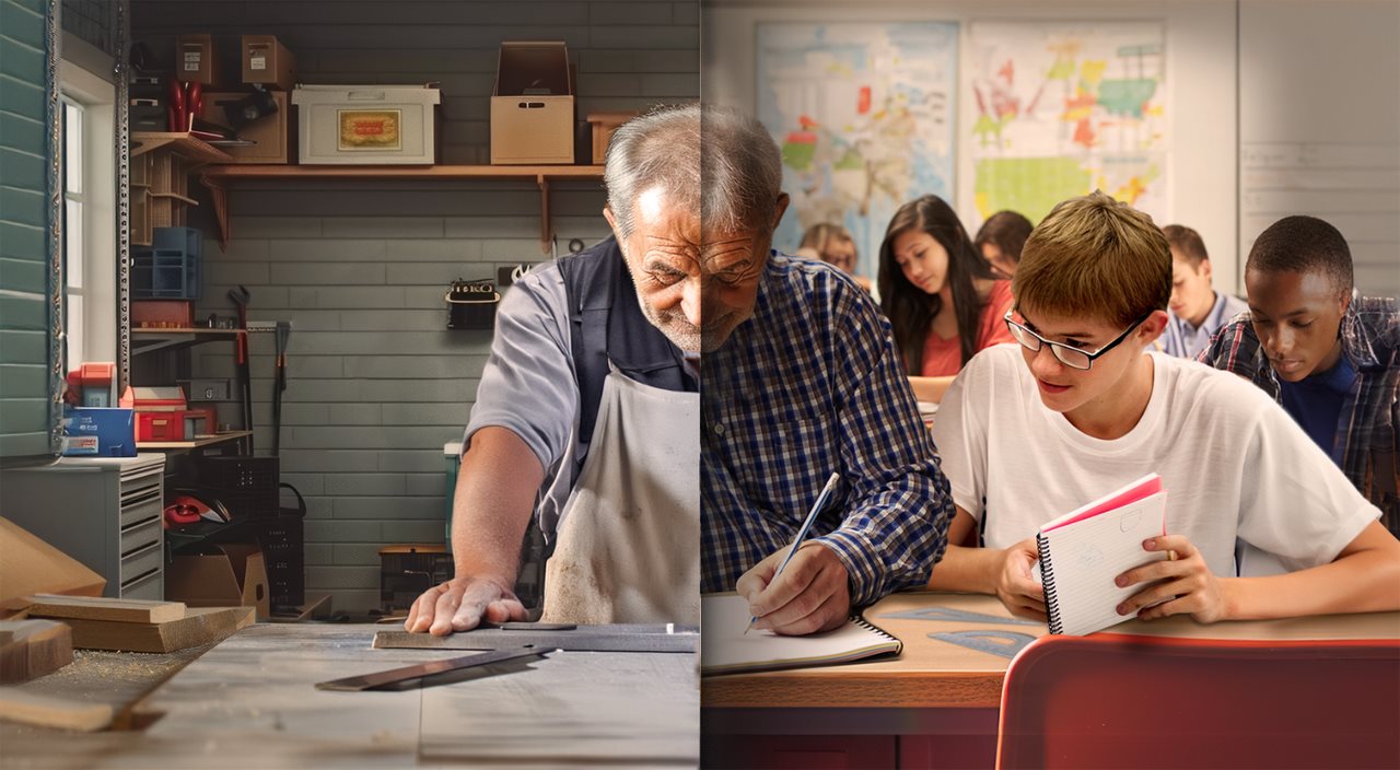 Split screen image of a retired man to his right he is measure a piece of wood in his shop at home and to his left he is teaching highschool students in a classroom.