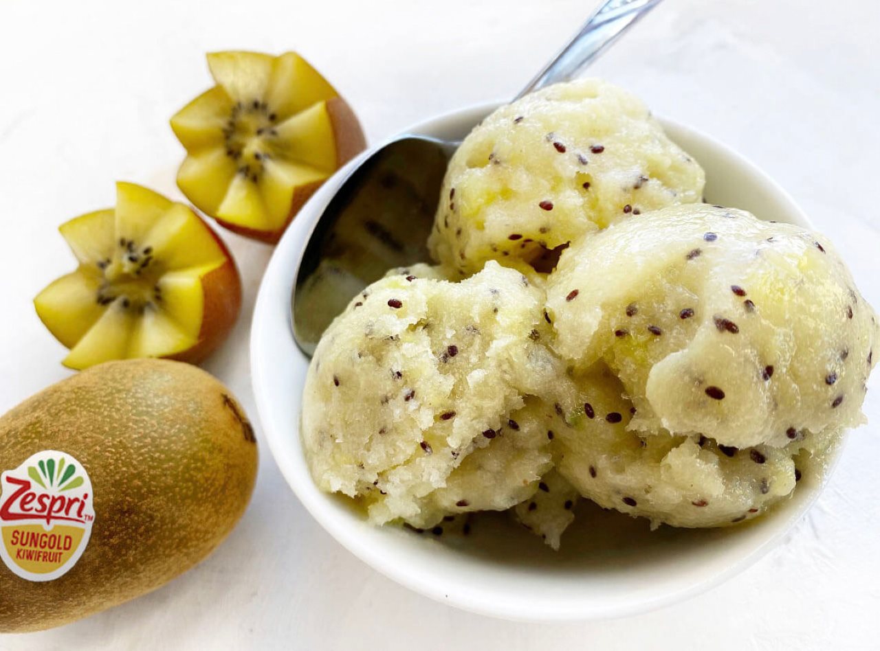 Zespri Sungold Kiwifruit simple sorbet in a bowl next to ingredients