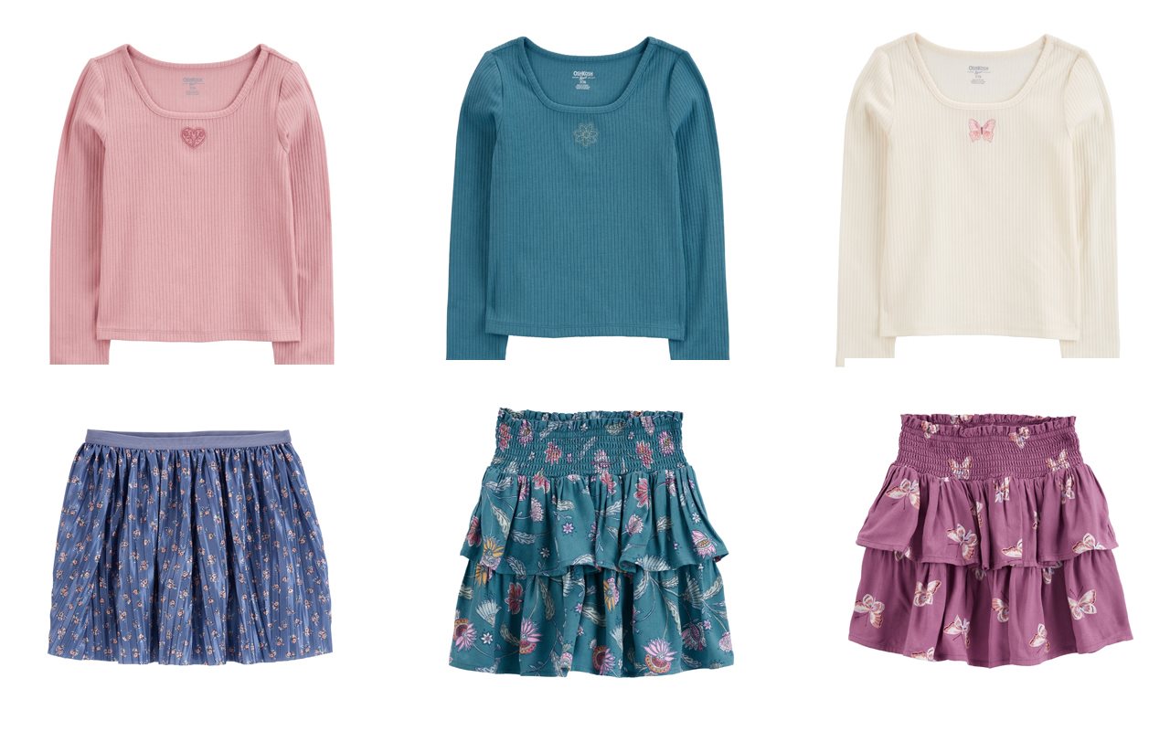 Pink teal and white tops with textures skirts in blue teal and mauve.
