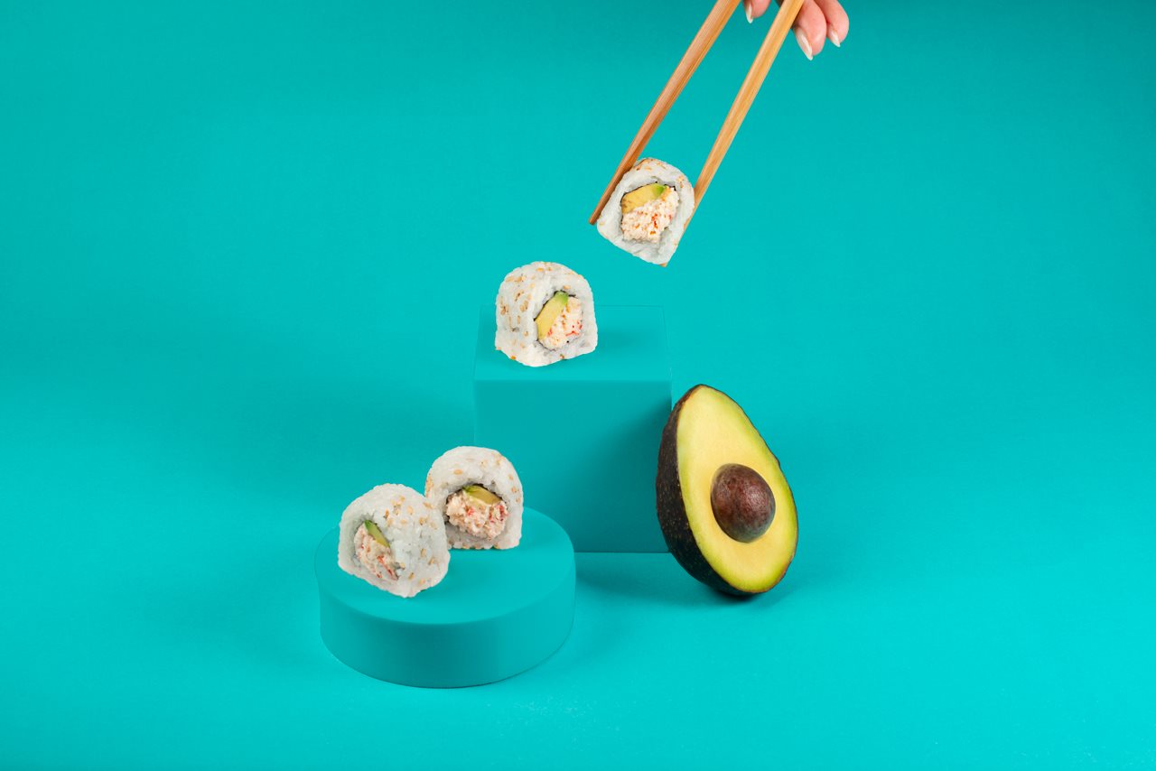 California sushi roll with an avocado