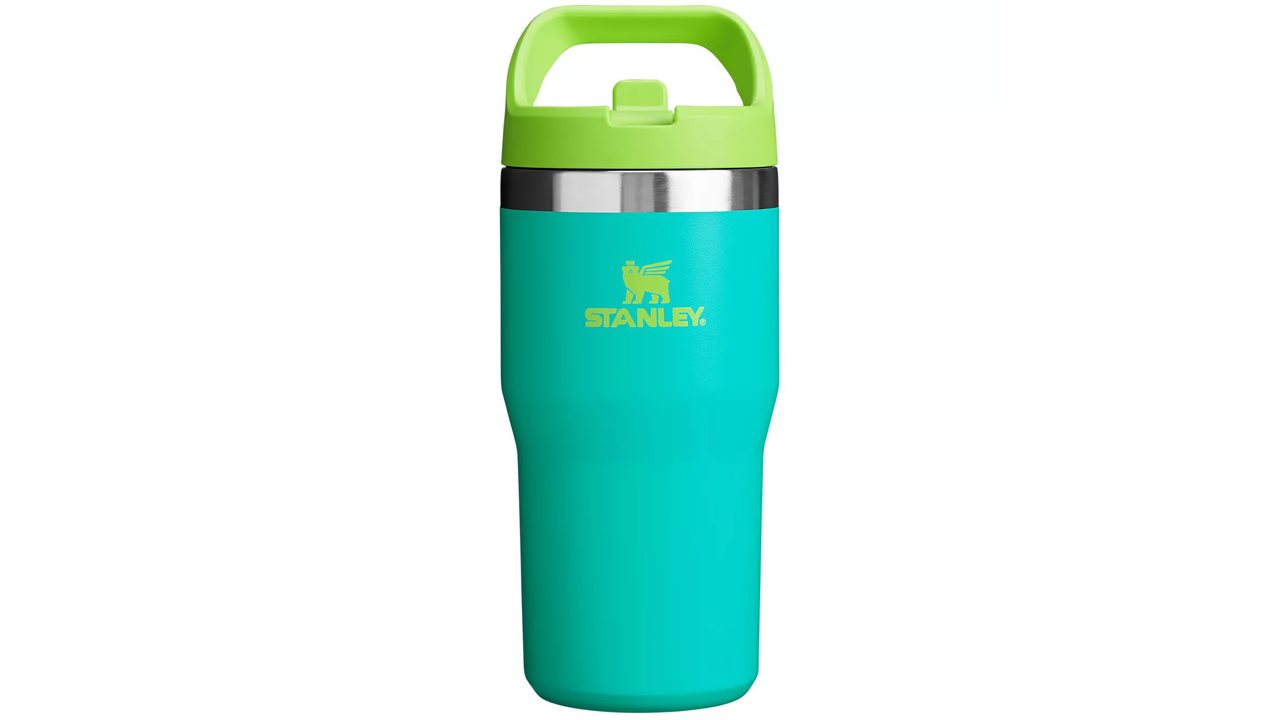 Teal and lime green Stanley insulated cup.