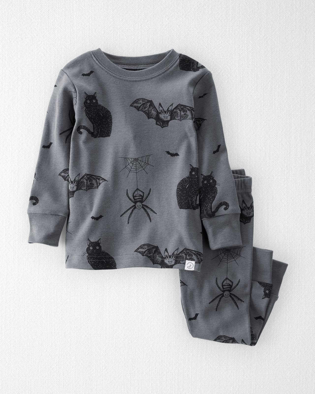 Halloween themed sweat shirt and pants outfit wih black cat, bat and spider designs.