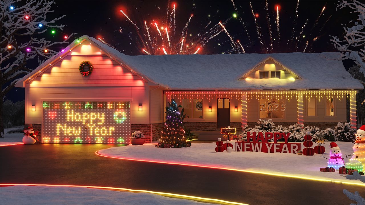 Curtain lights hanging over garage door of a home: the colored lights spelling out Happy New Year along side other holiday lights in the front  yard