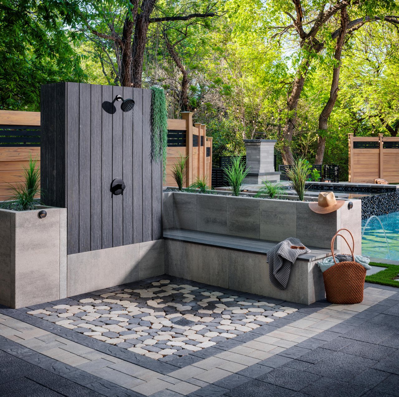 Backyard patio shower with hot tub spa