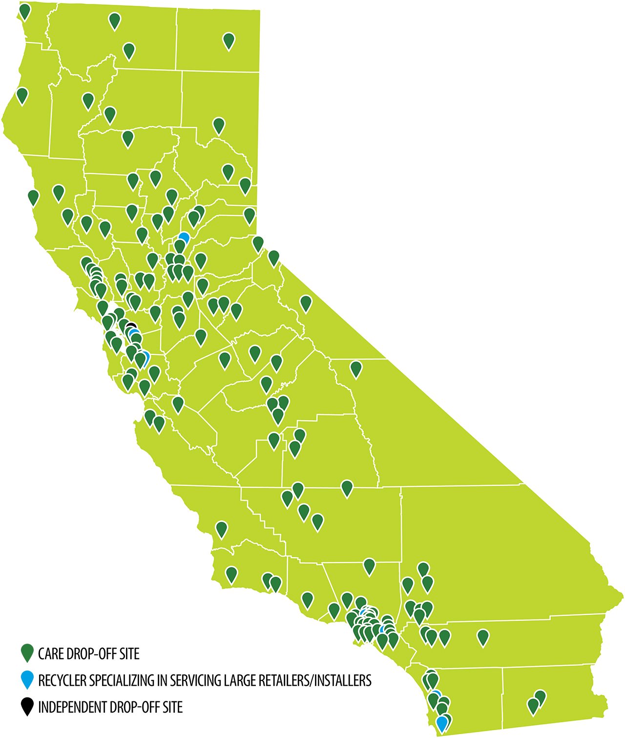 A map of california showing carpet drop off sites and recycling centers.