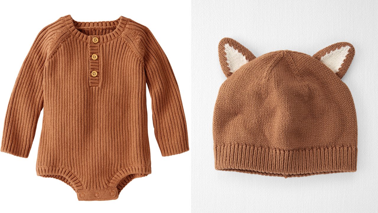 Sweet knitted henley onesie and knitted hat with cute little ears.