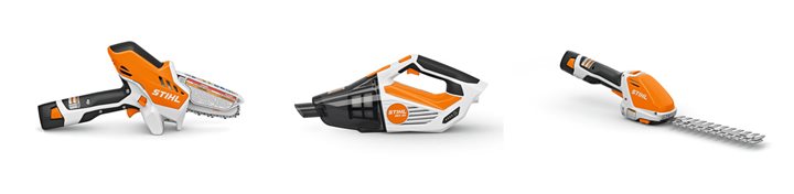 Product shot of STIHL prunner, hand vaccuum and trimmer.