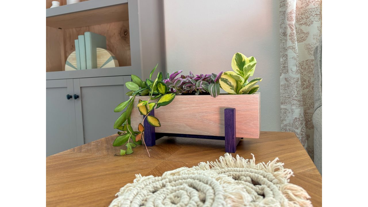 Handcrafted wooded planter with indoor plants sitting on a table in the kitchen.