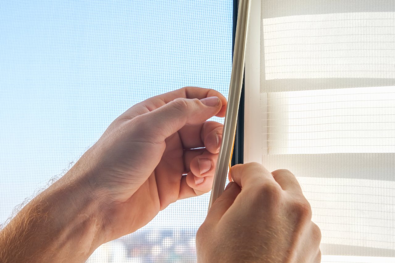 Person adding weather striping to a window.