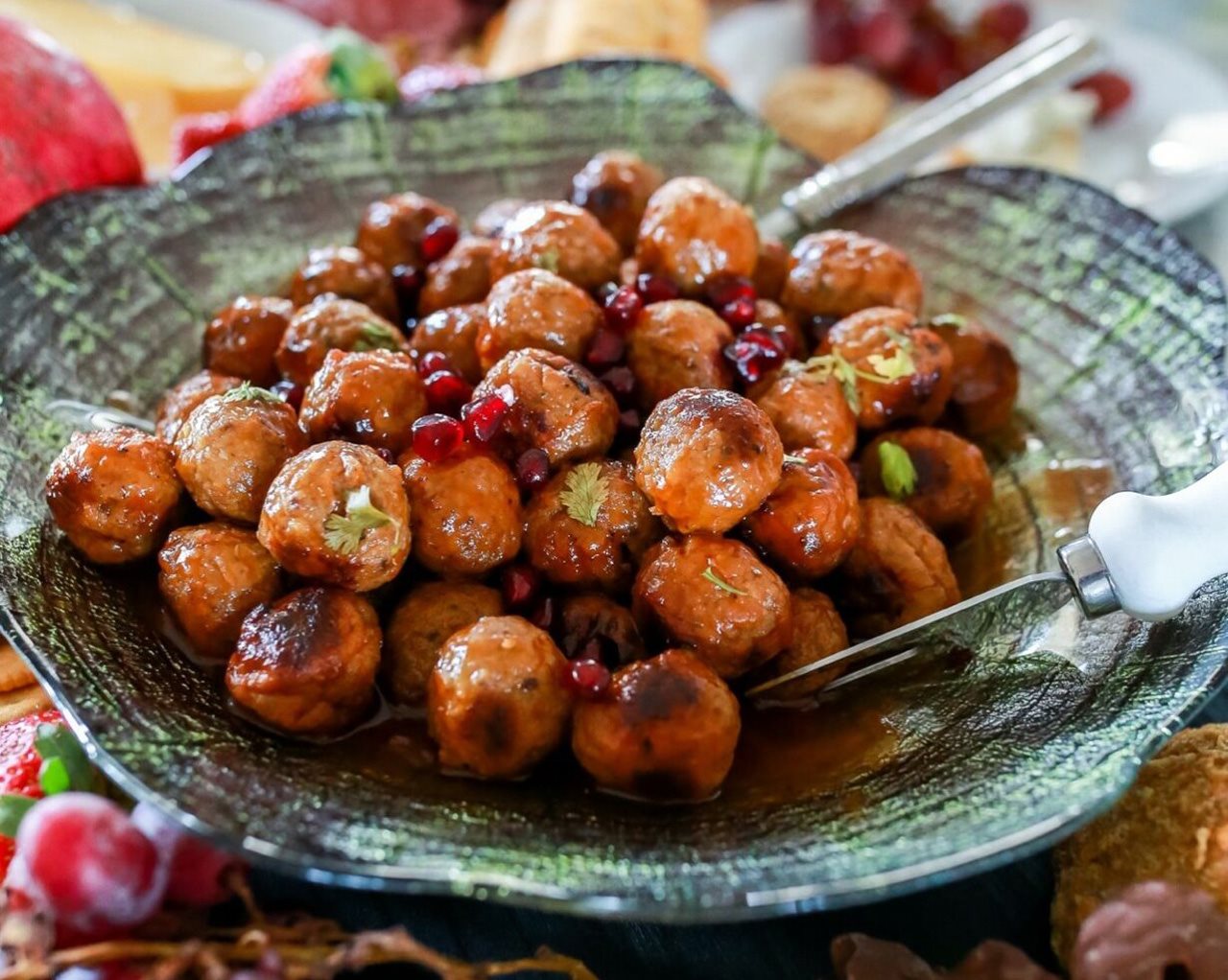 Plate of pomegranate glazed meatballs