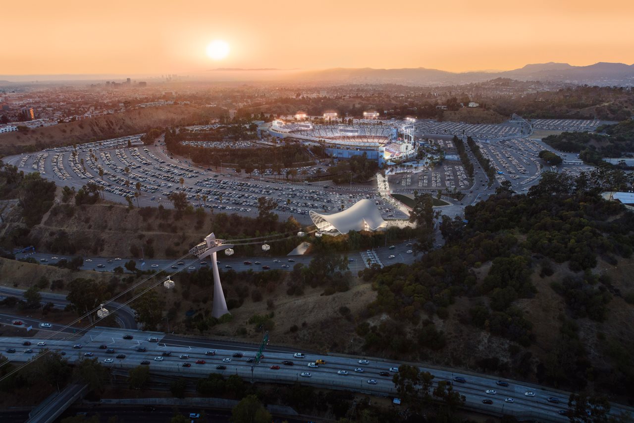 LA Aerial Rapid transit bring people to a stadium at sunset.